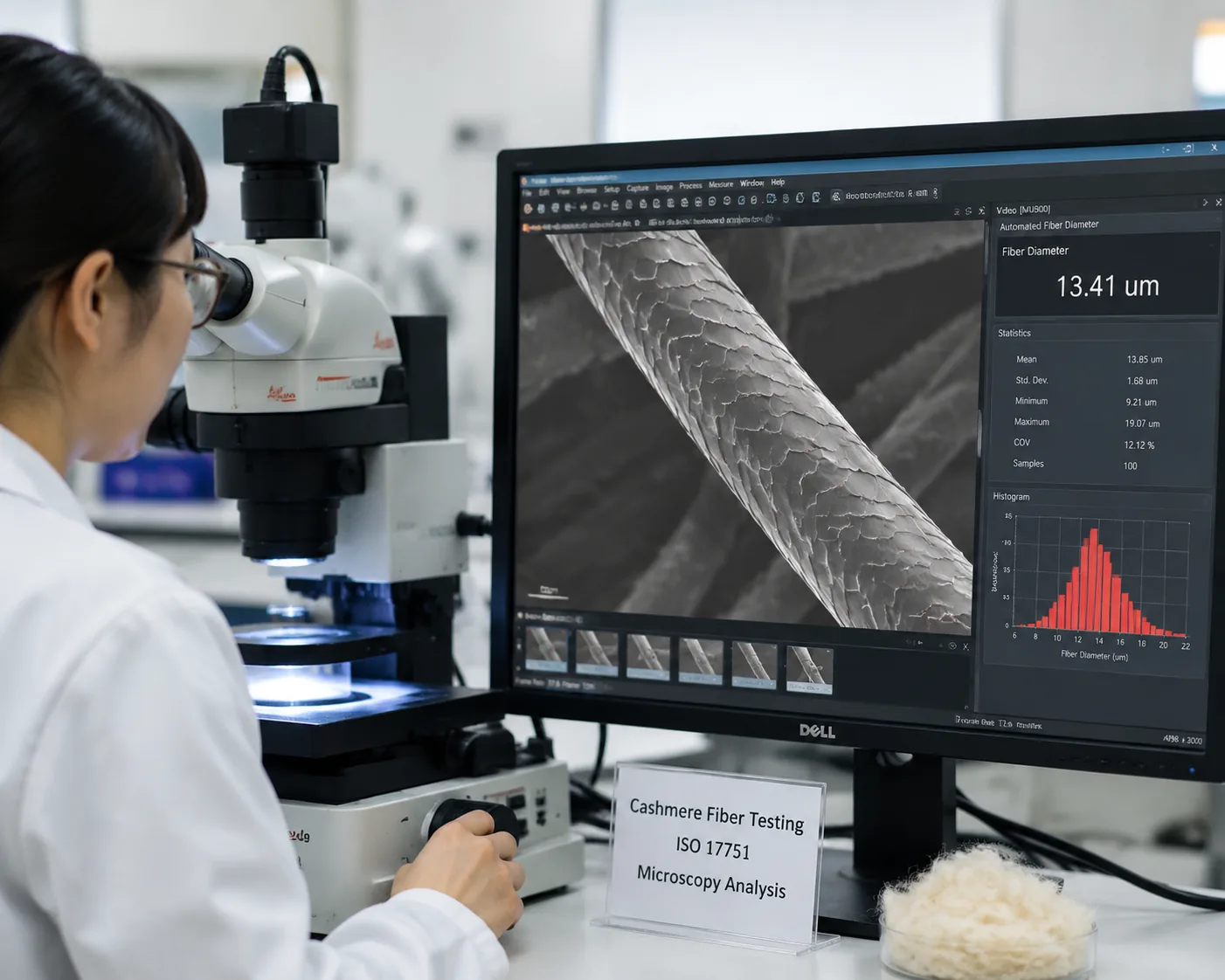 Cashmere fiber testing under projection microscope showing cuticle scale morphology for ISO 17751 identification