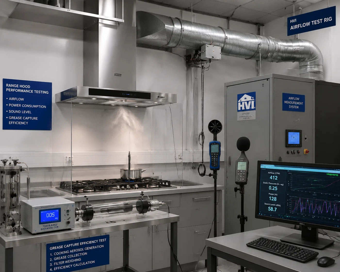 Range hood performance testing in laboratory with HVI airflow rig, sound level meter, and capture efficiency tracer gas apparatus