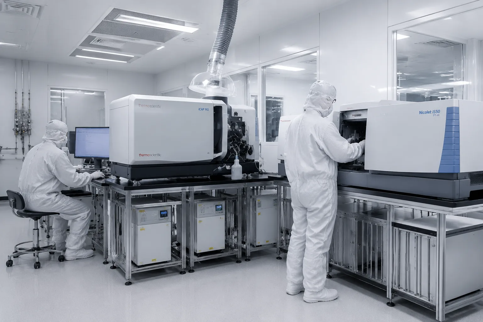 Polysilicon material purity testing with ICP-MS mass spectrometer and FTIR spectrometer in semiconductor clean room laboratory