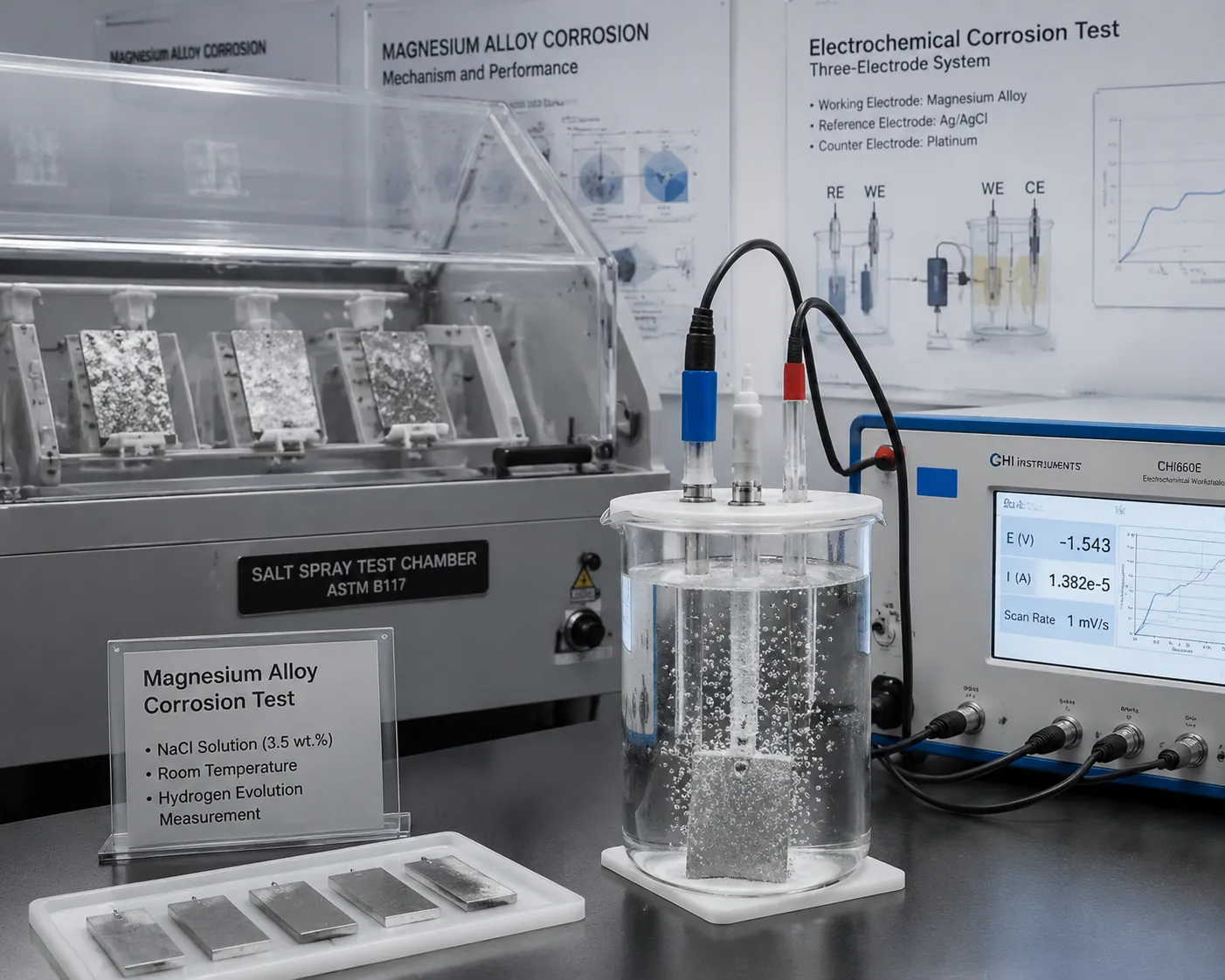 Magnesium alloy corrosion testing — salt spray chamber and electrochemical cell with hydrogen evolution from submerged sample