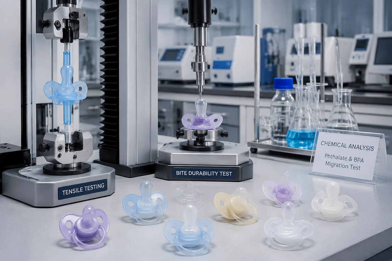 Infant pacifier safety testing — mechanical tensile and bite durability test with chemical migration analysis for phthalates and BPA