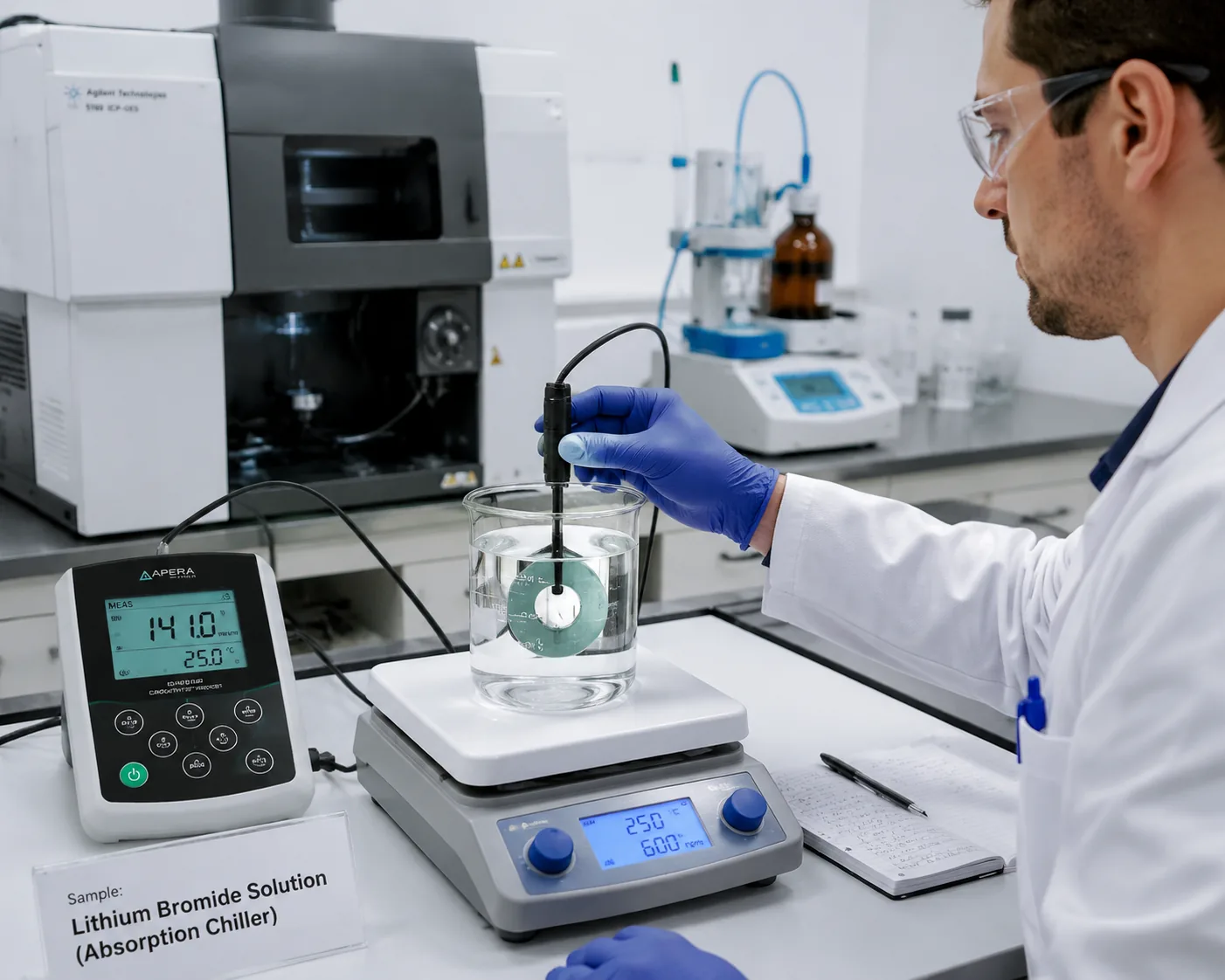 Lithium bromide solution analysis with toroidal conductivity sensor and ICP spectrometer for absorption chiller LiBr concentration testing