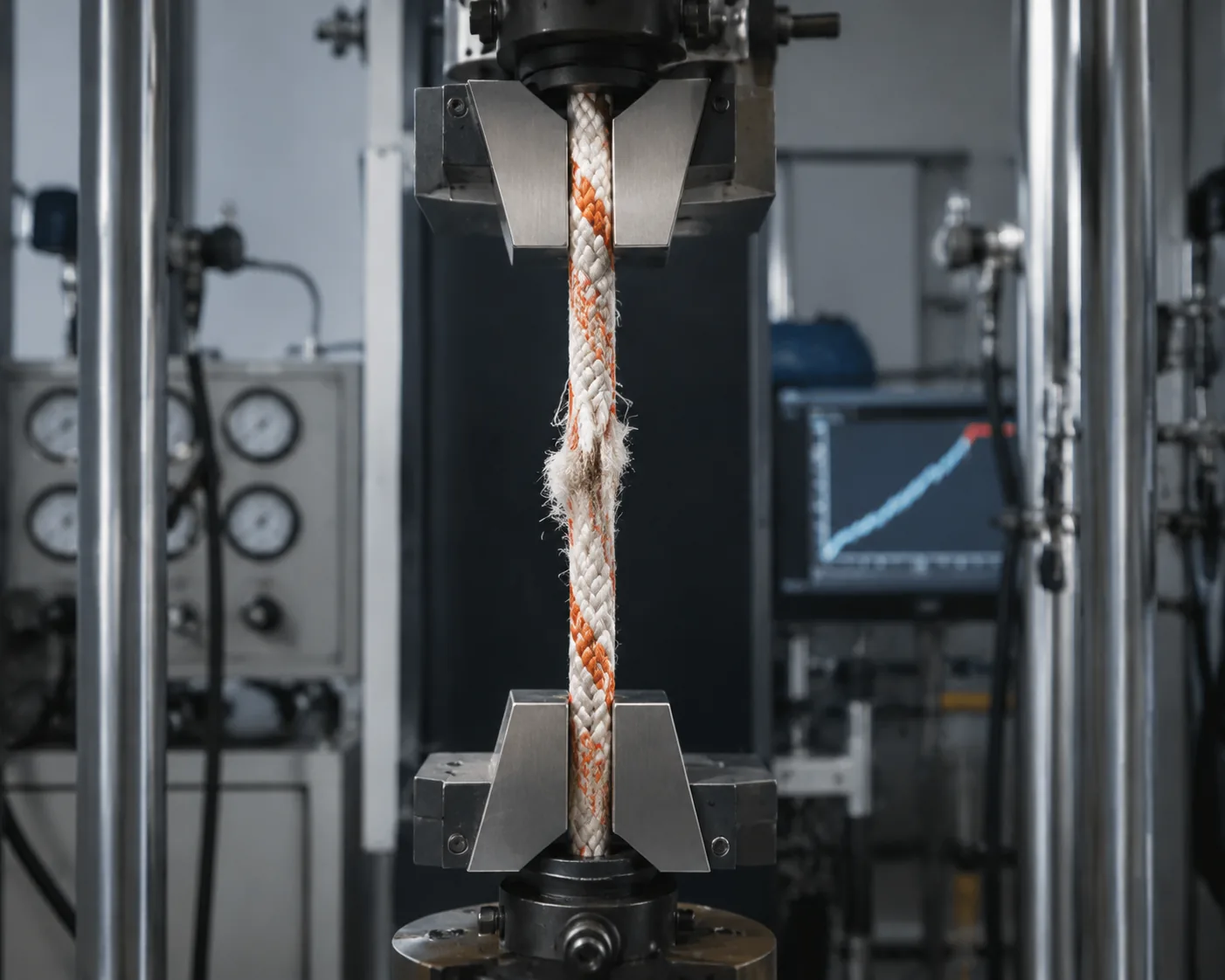 Dynamic safety rope under tensile break testing in a calibrated laboratory machine 