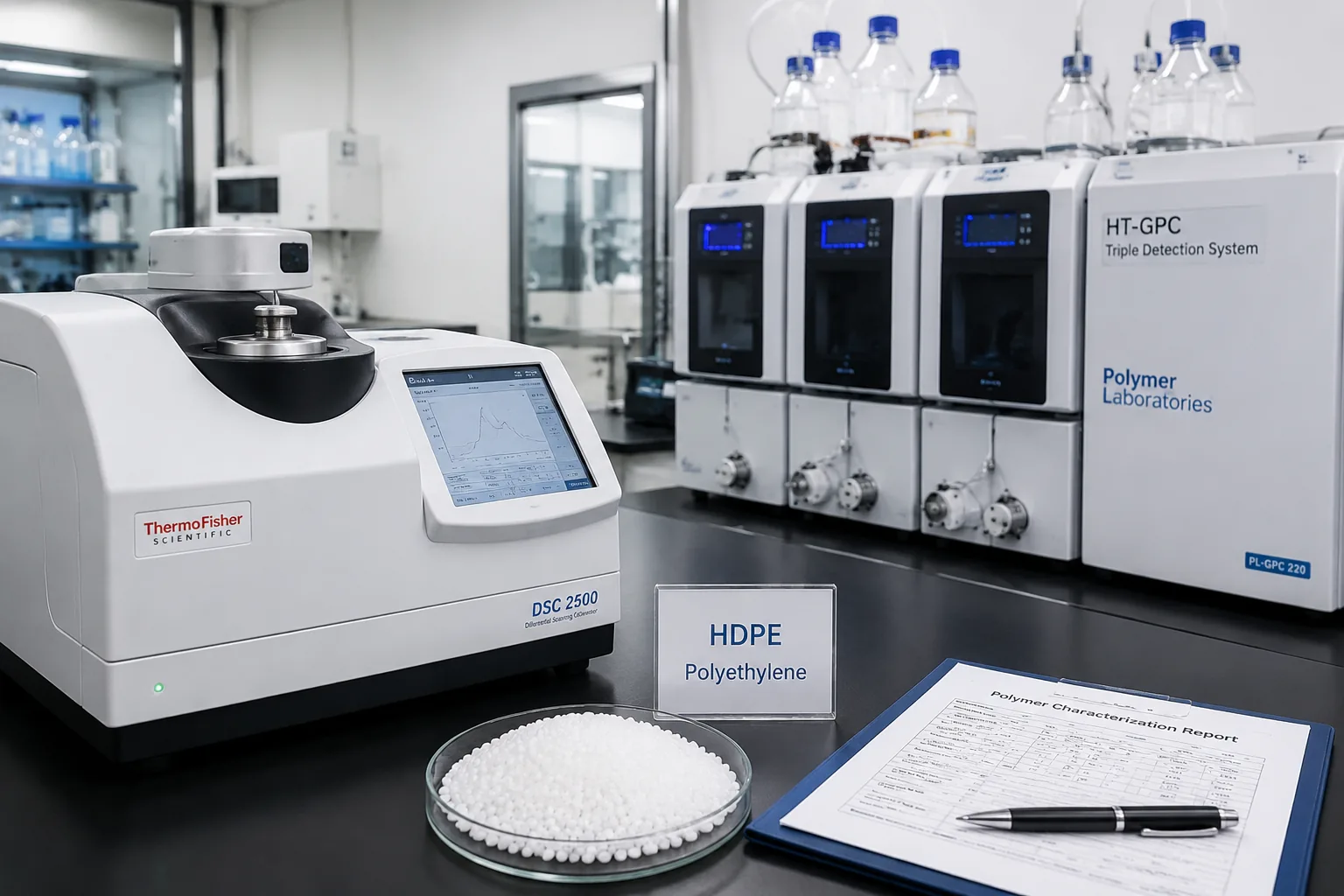 Polyolefin material testing with DSC differential scanning calorimetry and HT-GPC gel permeation chromatography for HDPE polyethylene characterization