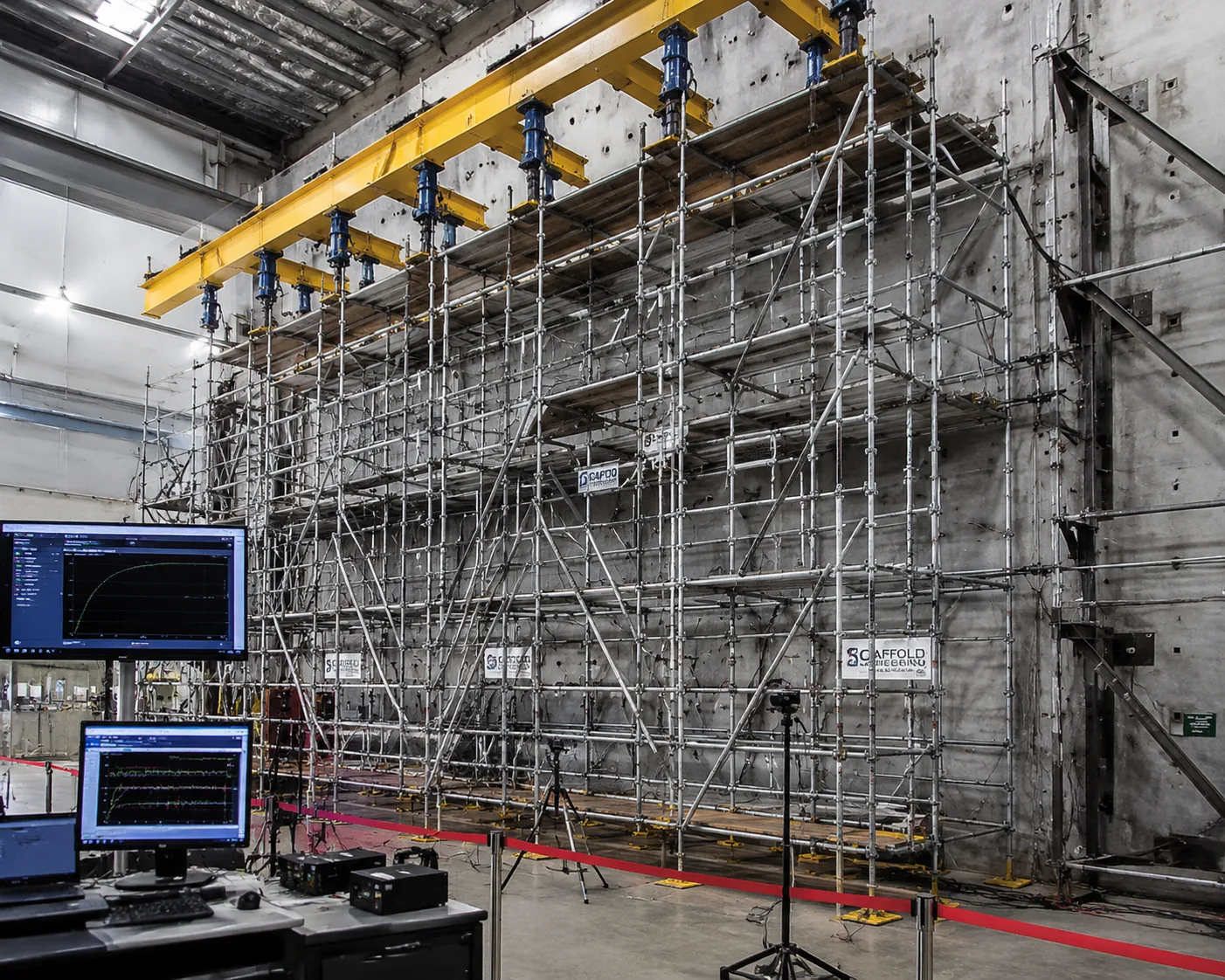 Scaffolding structural load testing with hydraulic jacks and load cells applying vertical load to complete steel tube facade scaffold assembly