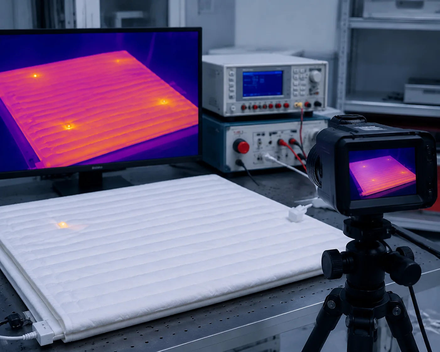 Electric blanket under thermographic hot-spot inspection and electrical safety testing in an appliance laboratory