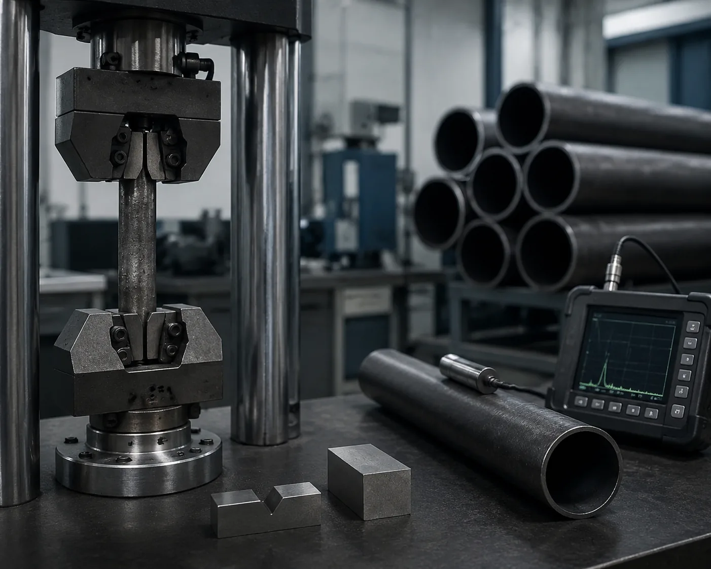 Carbon steel seamless pipe specimen in a tensile testing machine with Charpy V-notch, hardness test block and ultrasonic probe in a metallurgy laboratory