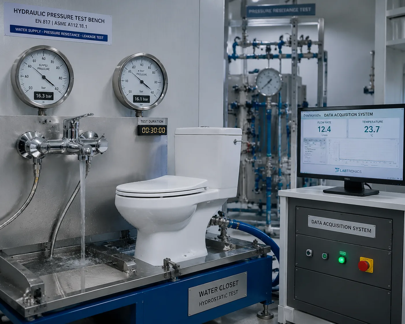 Sanitary ware hydraulic pressure testing with chrome mixer tap on test bench showing pressure gauge readings in bar for leakage and pressure resistance testing