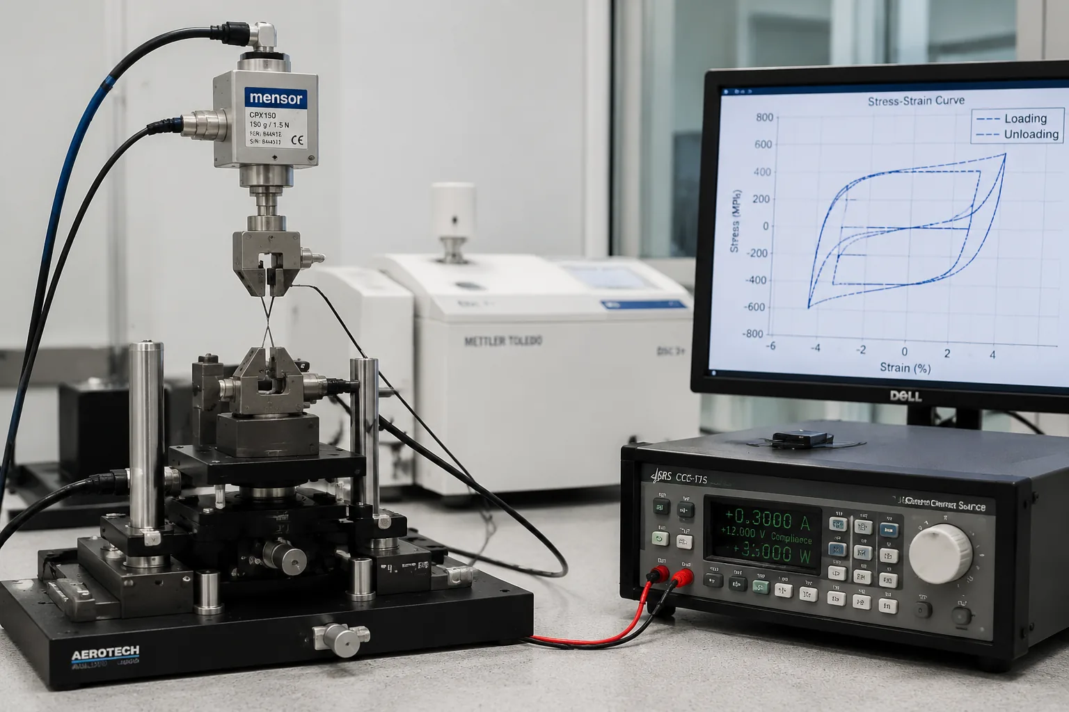 Shape memory alloy NiTi Nitinol micro-wire testing on air bearing bench with load cell, Joule heating current source, and DSC for transformation temperature measurement