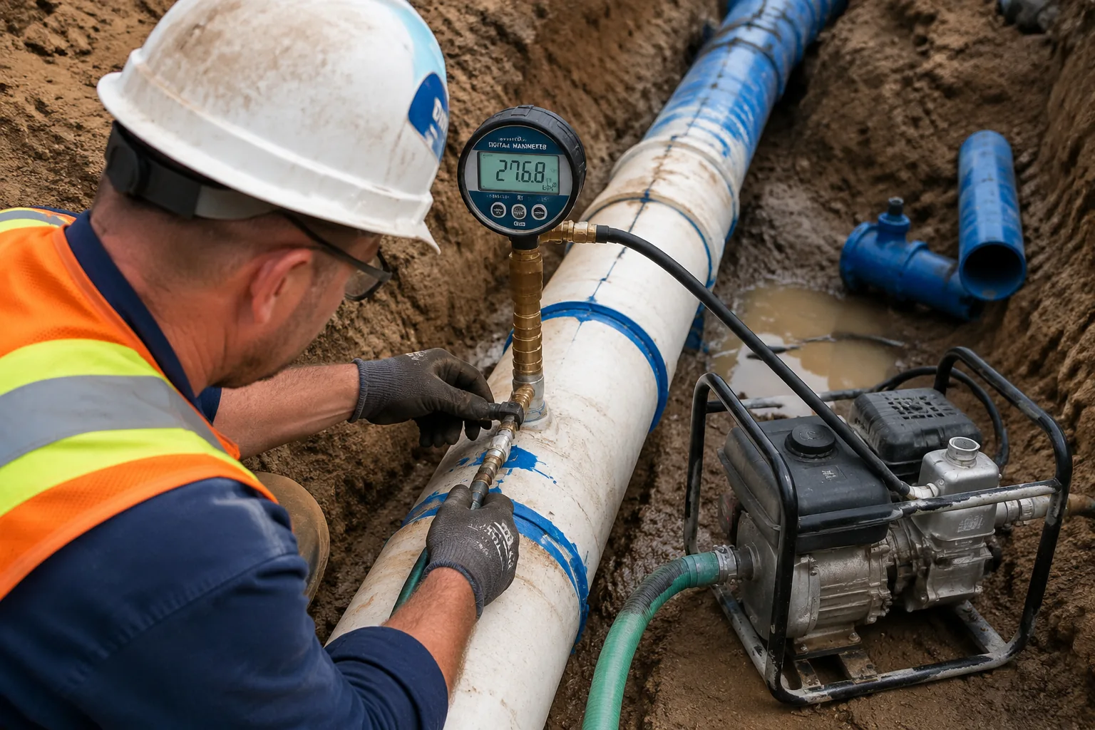 PVC pipe field hydrostatic pressure testing with calibrated pressure gauge and digital manometer showing kPa reading at pipeline construction site