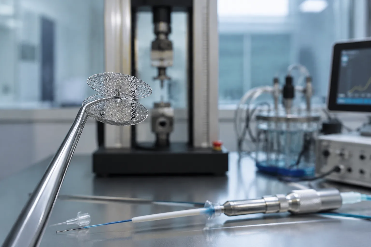 Cardiac occluder nitinol mesh double-disc device with delivery catheter beside universal testing machine and corrosion cell in a cardiovascular device laboratory