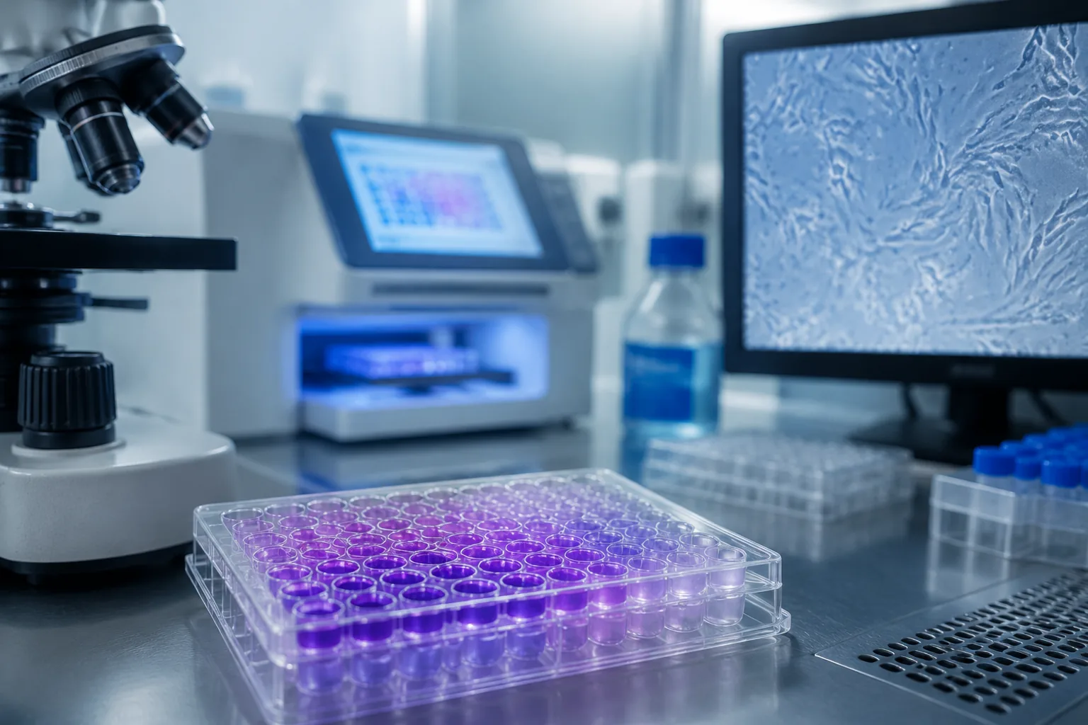 96-well plate with purple MTT formazan crystals from a cytotoxicity assay beside a microplate reader in an in vitro toxicology laboratory