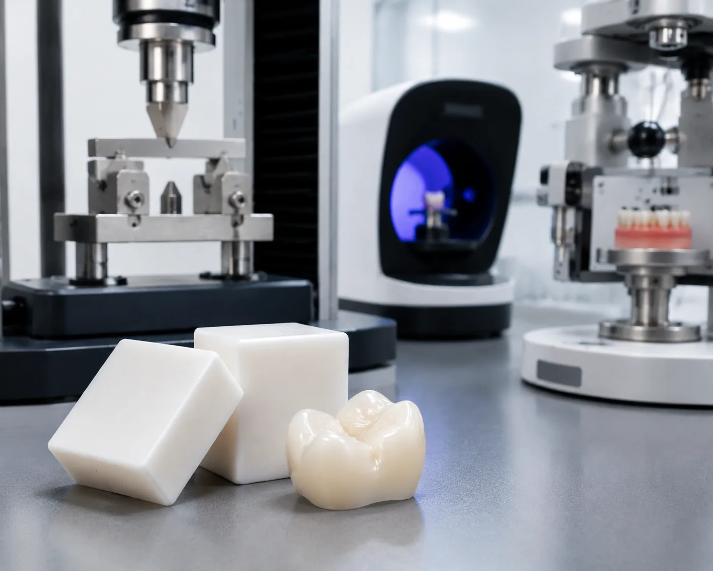 Dental ceramic CAD-CAM blocks and milled crown beside universal testing machine and 3D scanner in a dental materials laboratory