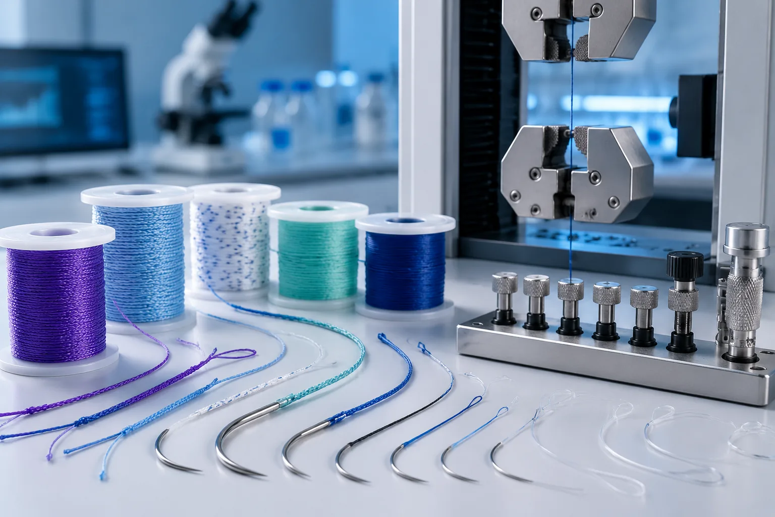 Surgical suture threads with attached curved needles beside a universal testing machine and pressor-foot diameter gauge in a medical device testing laboratory