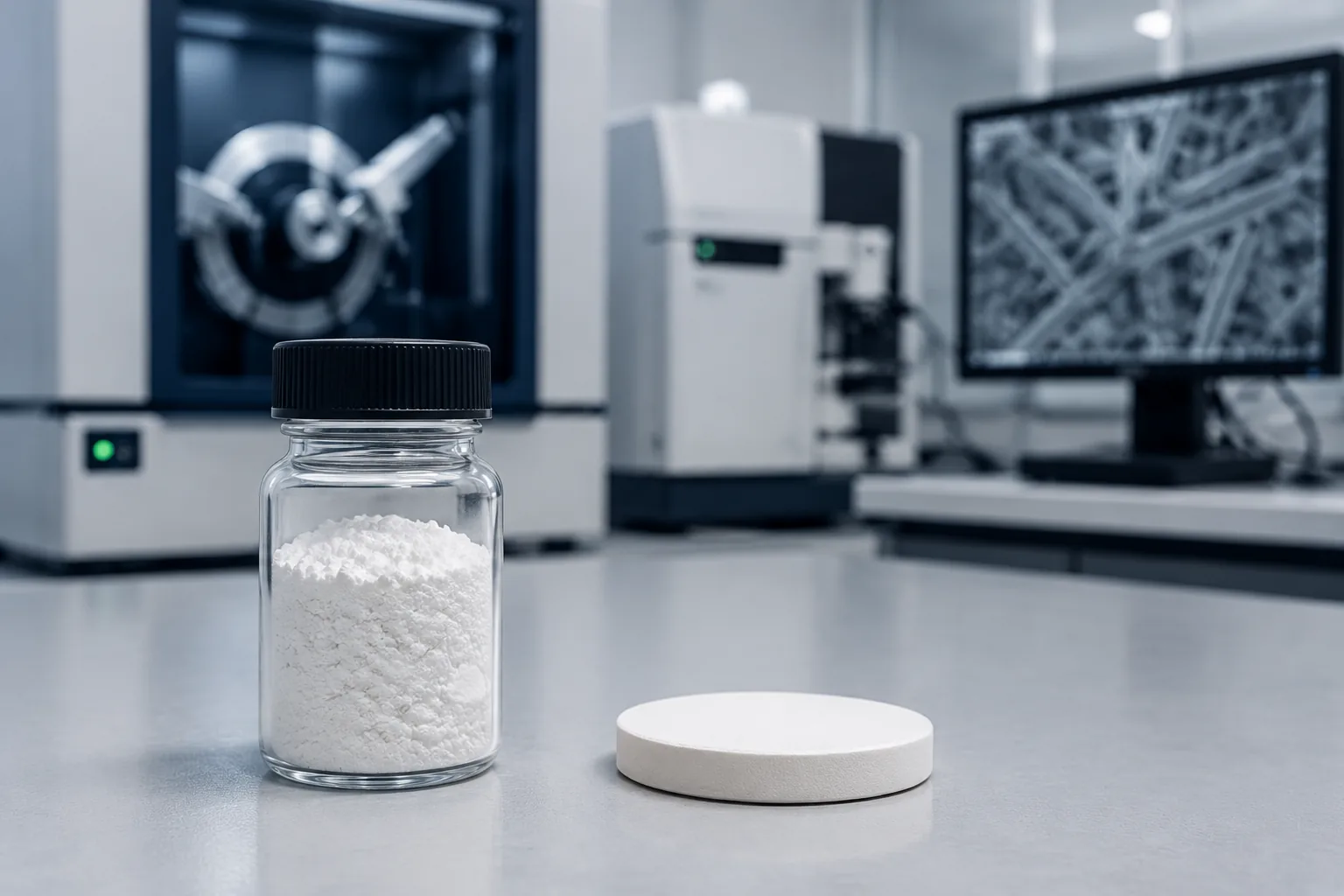 Hydroxyapatite powder and ceramic disc with X-ray diffractometer and ICP-MS for Ca/P ratio and phase purity analysis in a bioceramics laboratory