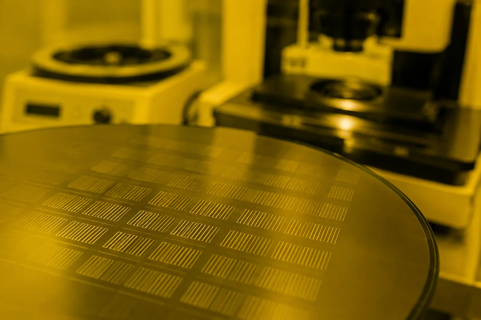 Silicon wafer with photoresist patterns under yellow safelight in a semiconductor lithography laboratory