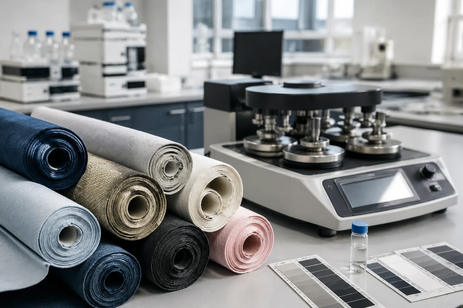 Rolled fabrics with Martindale abrasion tester, colorfastness grey scales and HPLC vials in a textile testing laboratory