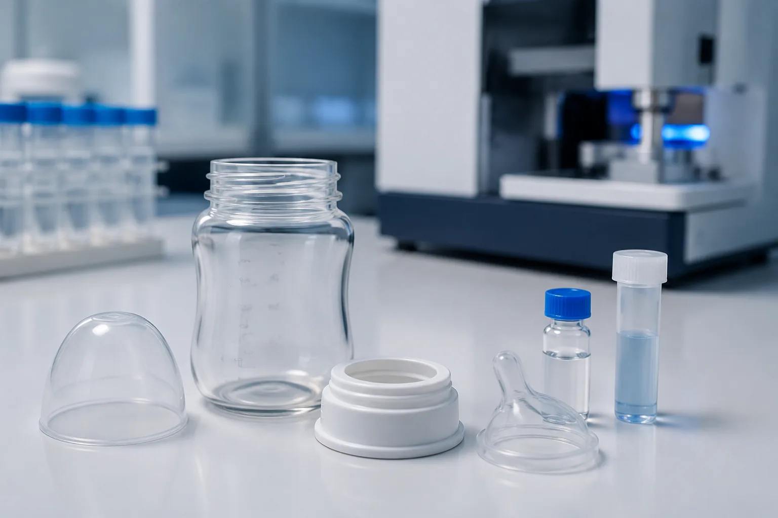 Glass infant feeding bottle disassembled with migration-testing vials and XRF analyzer in a consumer-product safety laboratory
