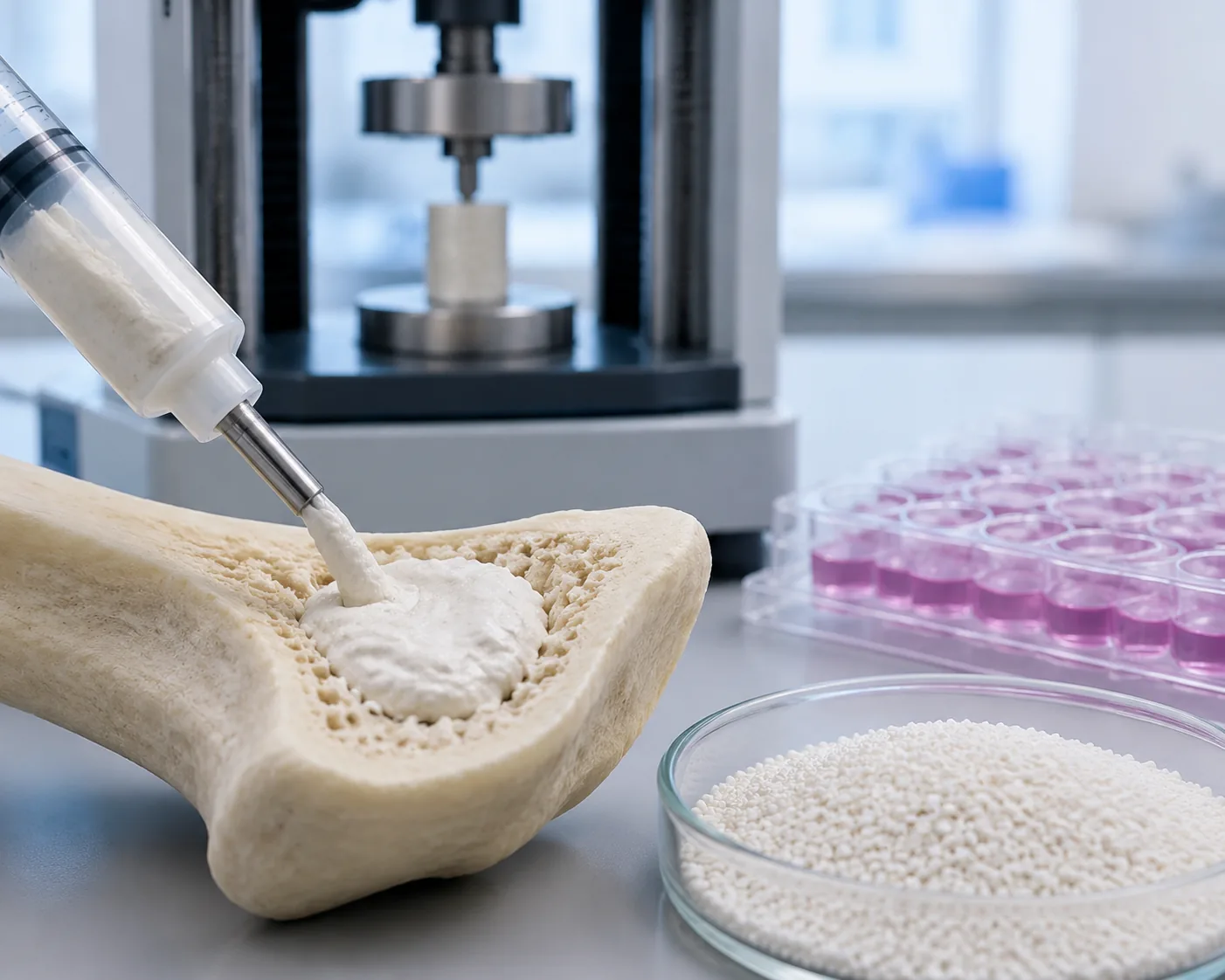 Bone repair cement paste extruded from a syringe with calcium phosphate granules and universal testing machine in a biomaterials laboratory