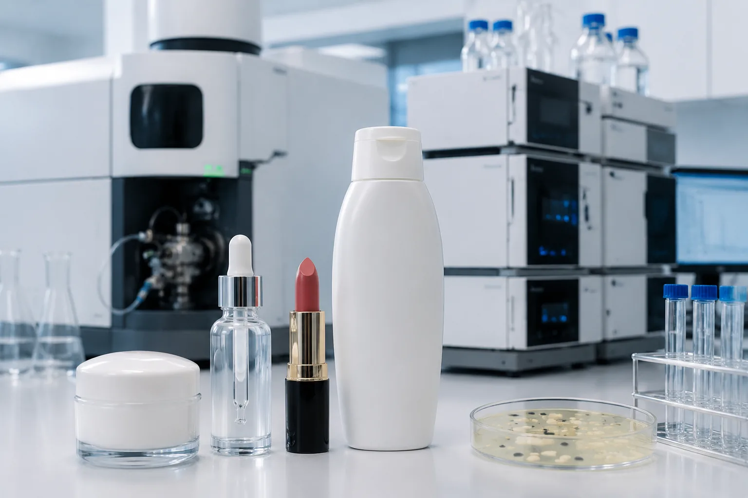 Cosmetic products beside ICP-MS and HPLC instruments with microbial petri dish in a cosmetics testing laboratory