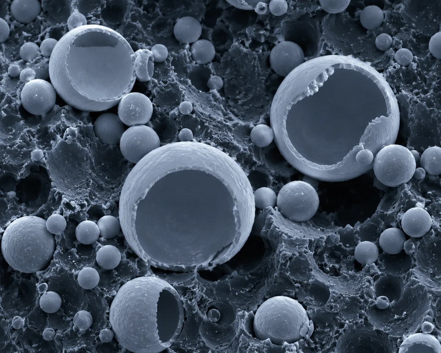Expandable polymer microspheres under scanning electron microscopy showing unexpanded and expanded spheres on a foamed polymer cross-section