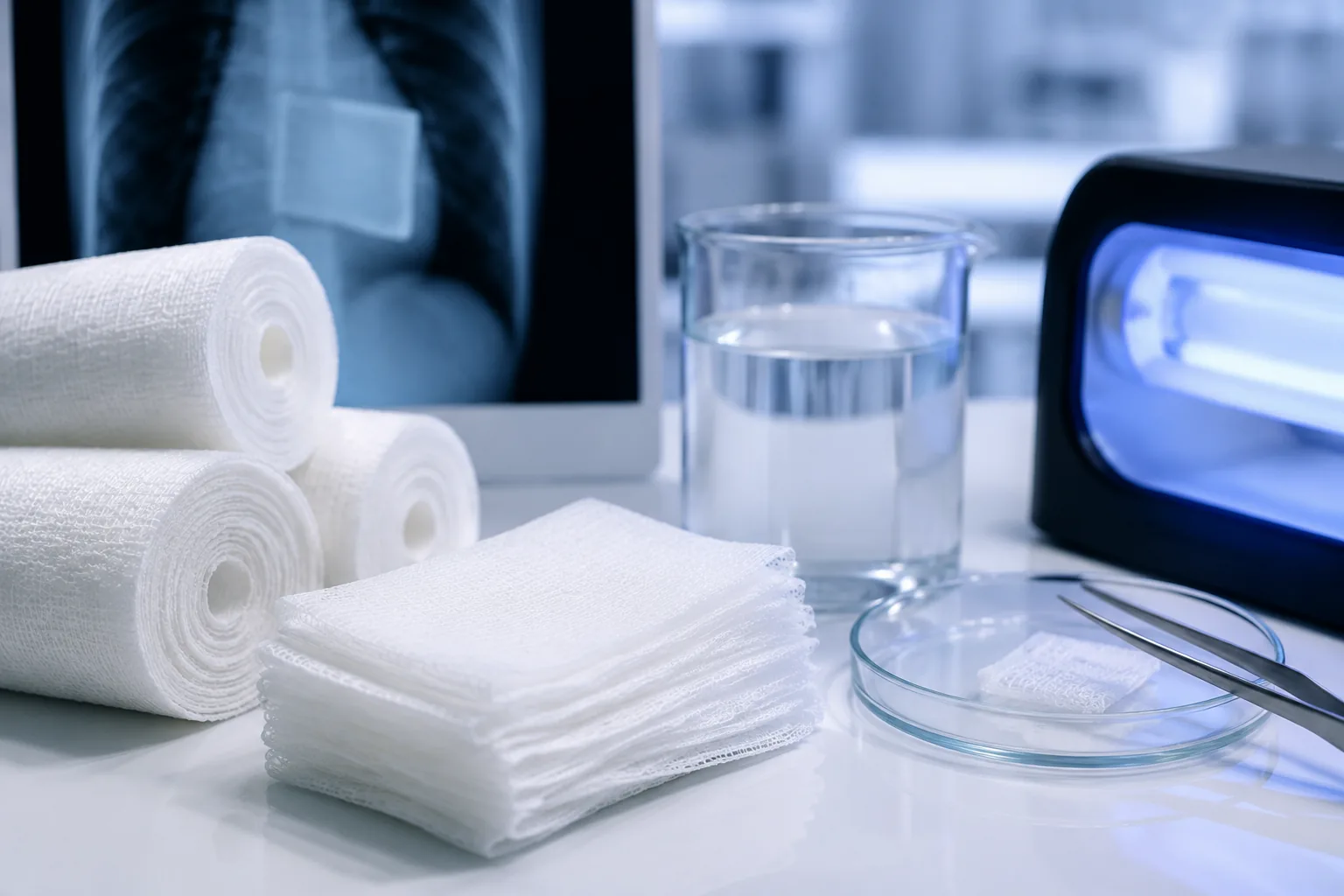 Medical gauze rolls and swabs beside pick glass and UV lamp for thread count and fluorescence testing in a medical materials laboratory