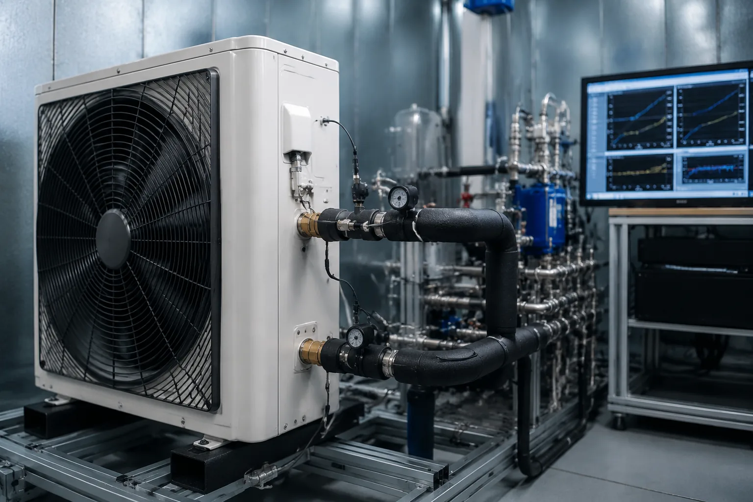 Air-source heat pump unit under calorimetric performance testing in an environmental chamber with COP instrumentation