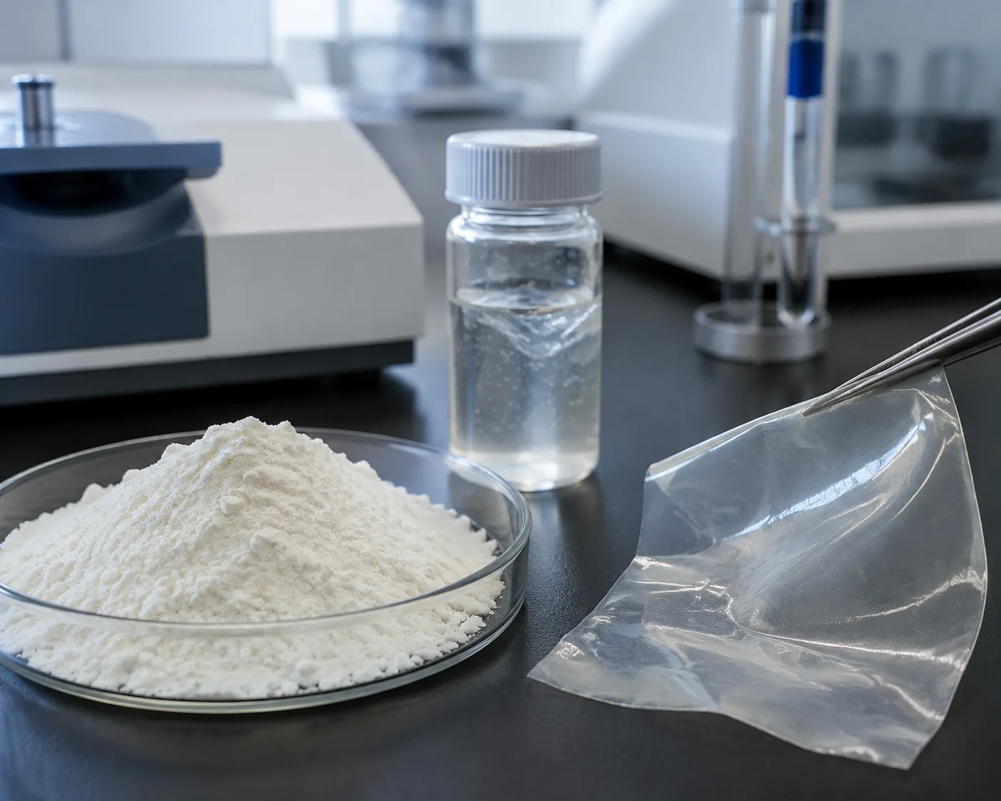Chitosan powder, film and solution beside FTIR and NMR instruments in a biopolymer characterization laboratory