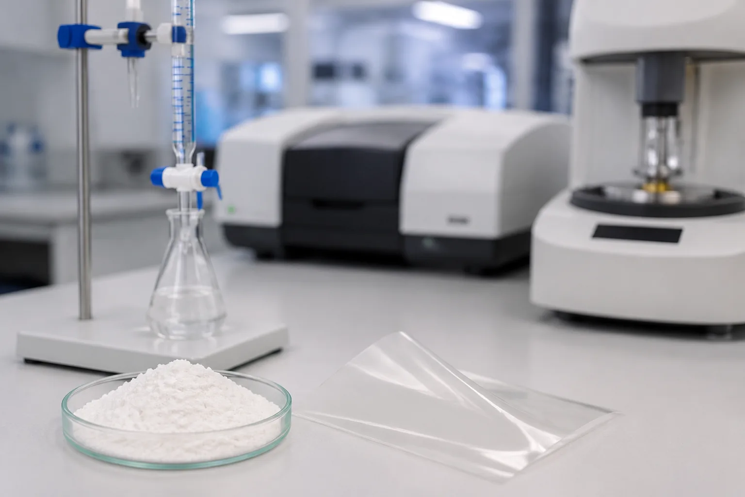 Cellulose acetate powder and film with titration setup for acetyl content assay and FTIR/DSC instruments in a polymer testing laboratory