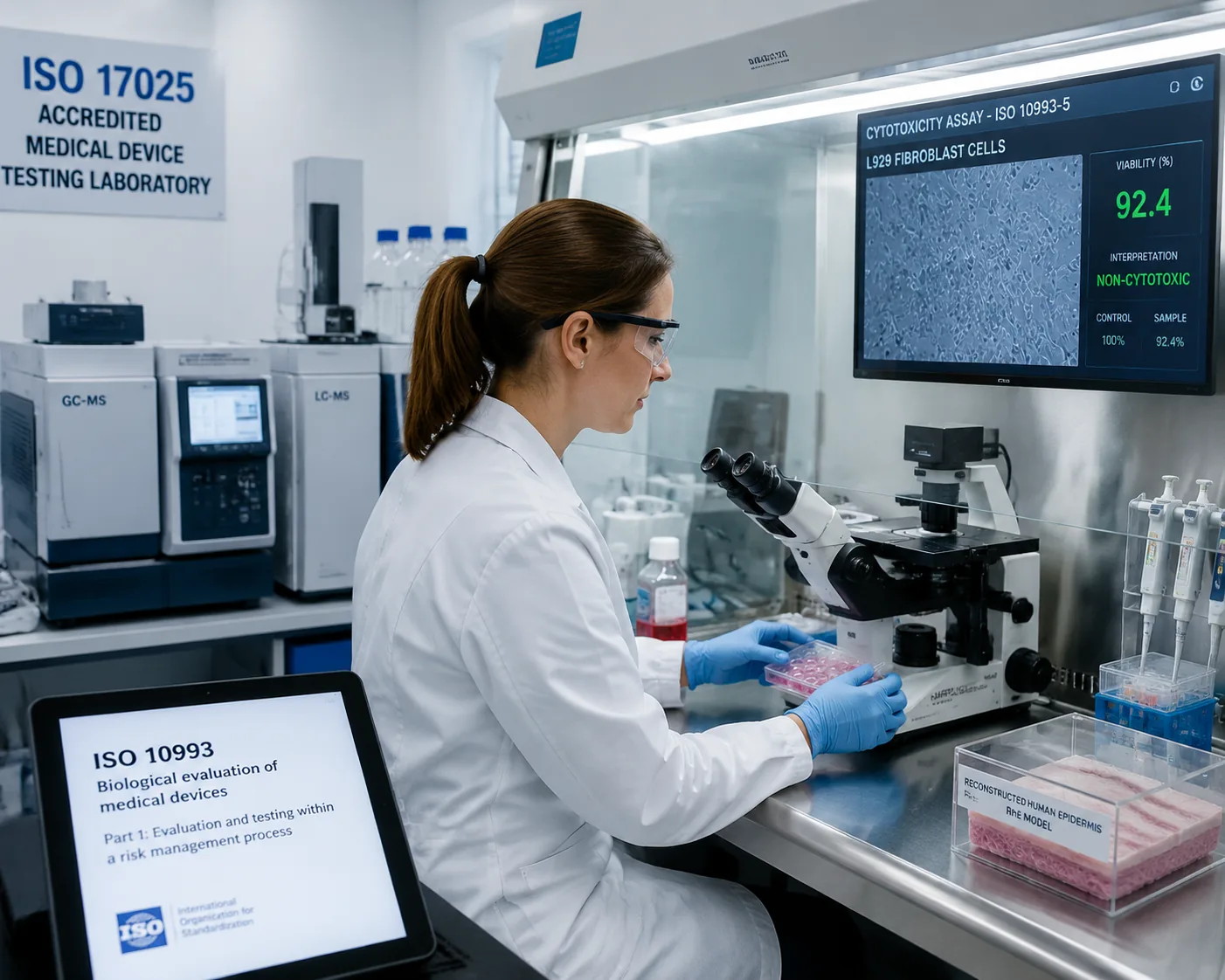 Biocompatibility testing — cytotoxicity assay of L929 fibroblasts with medical device extracts per ISO 10993-5, at Beijing ZKGX Research.