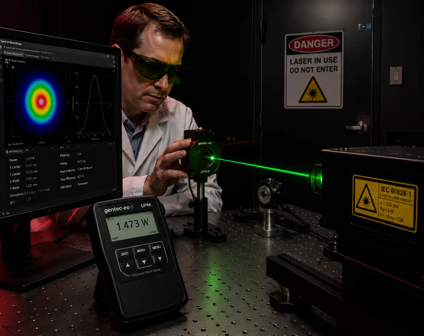 Laser equipment testing — power meter measurement of a laser beam with IEC 60825-1 Class warning label, at Beijing ZKGX Research.