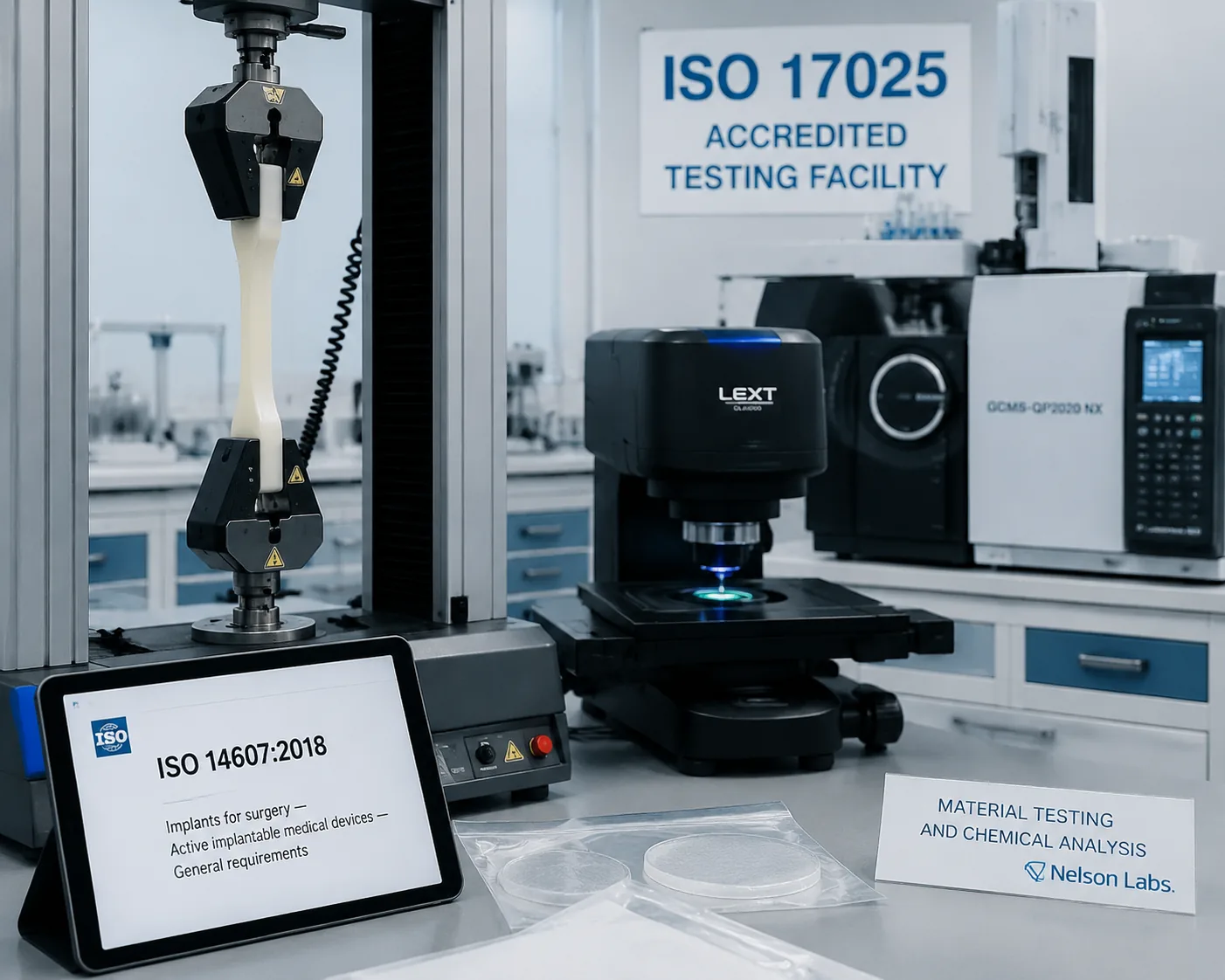 Silicone implant testing — silicone elastomer shell under tensile test and profilometry per ISO 14607, at Beijing ZKGX Research.