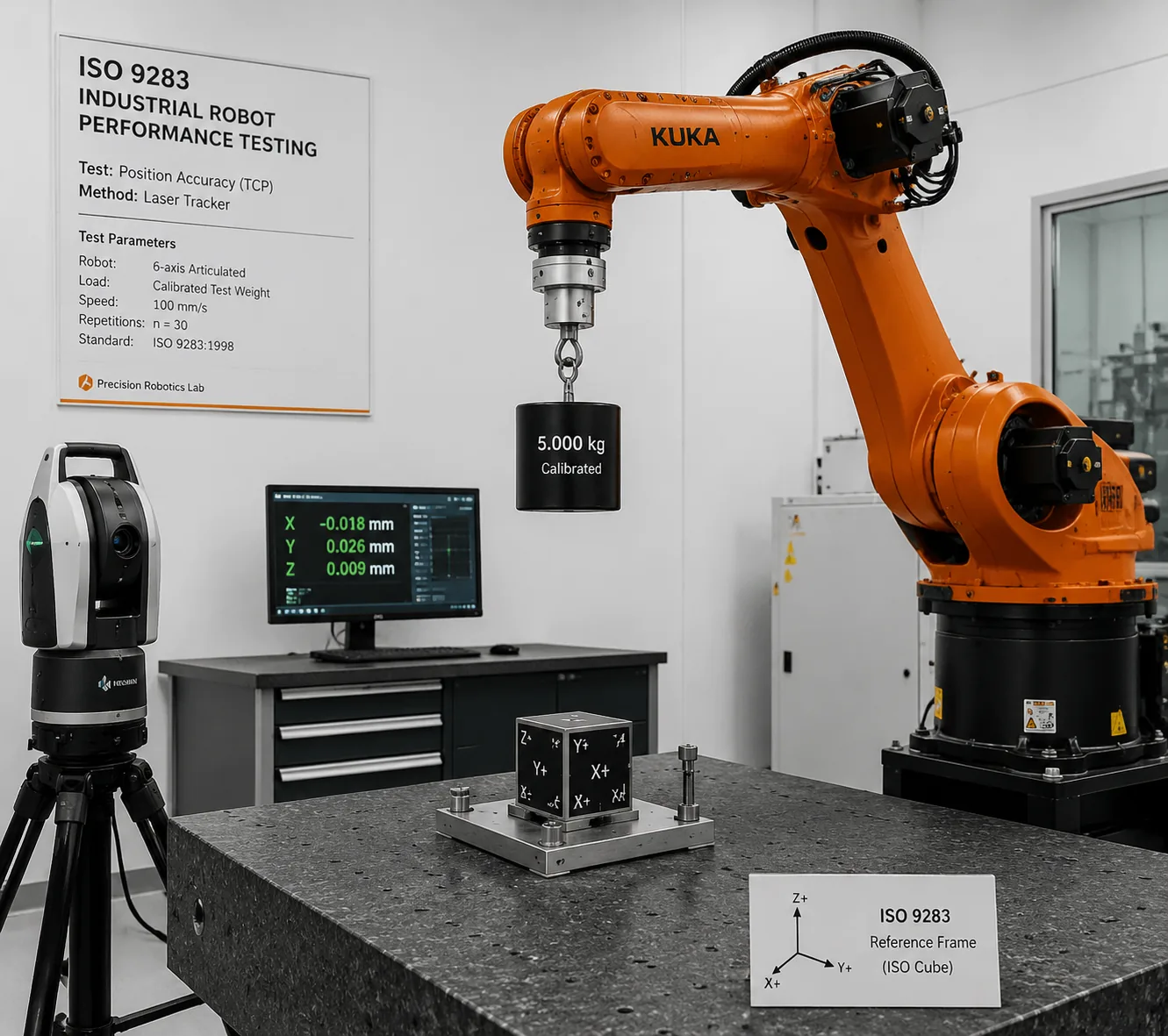 Robotic arm testing — 6-axis arm with laser tracker measuring TCP repeatability per ISO 9283, at Beijing ZKGX Research.