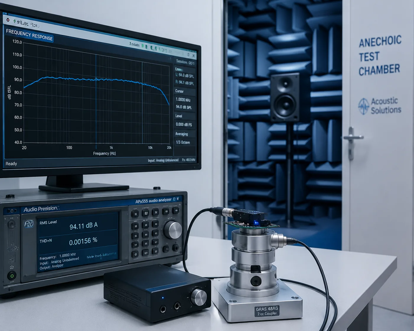 Hearing aid testing — electroacoustic measurement of OSPL90 and frequency response in 2cc coupler per ANSI S3.22, at Beijing ZKGX Research.