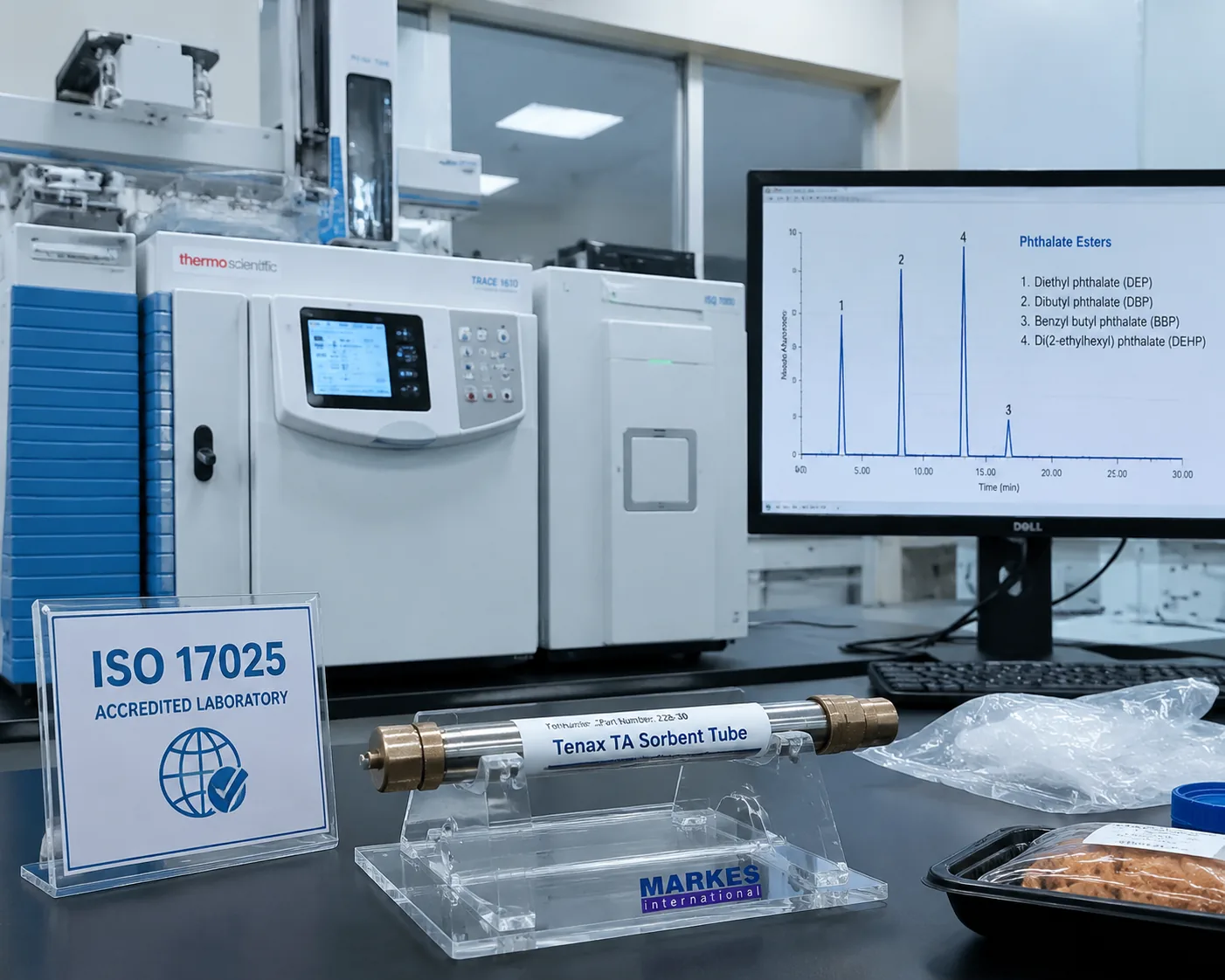 Dimethyl phthalate (DMP) testing — GC-MS analysis of phthalate esters in plastic and food packaging samples, at Beijing ZKGX Research.