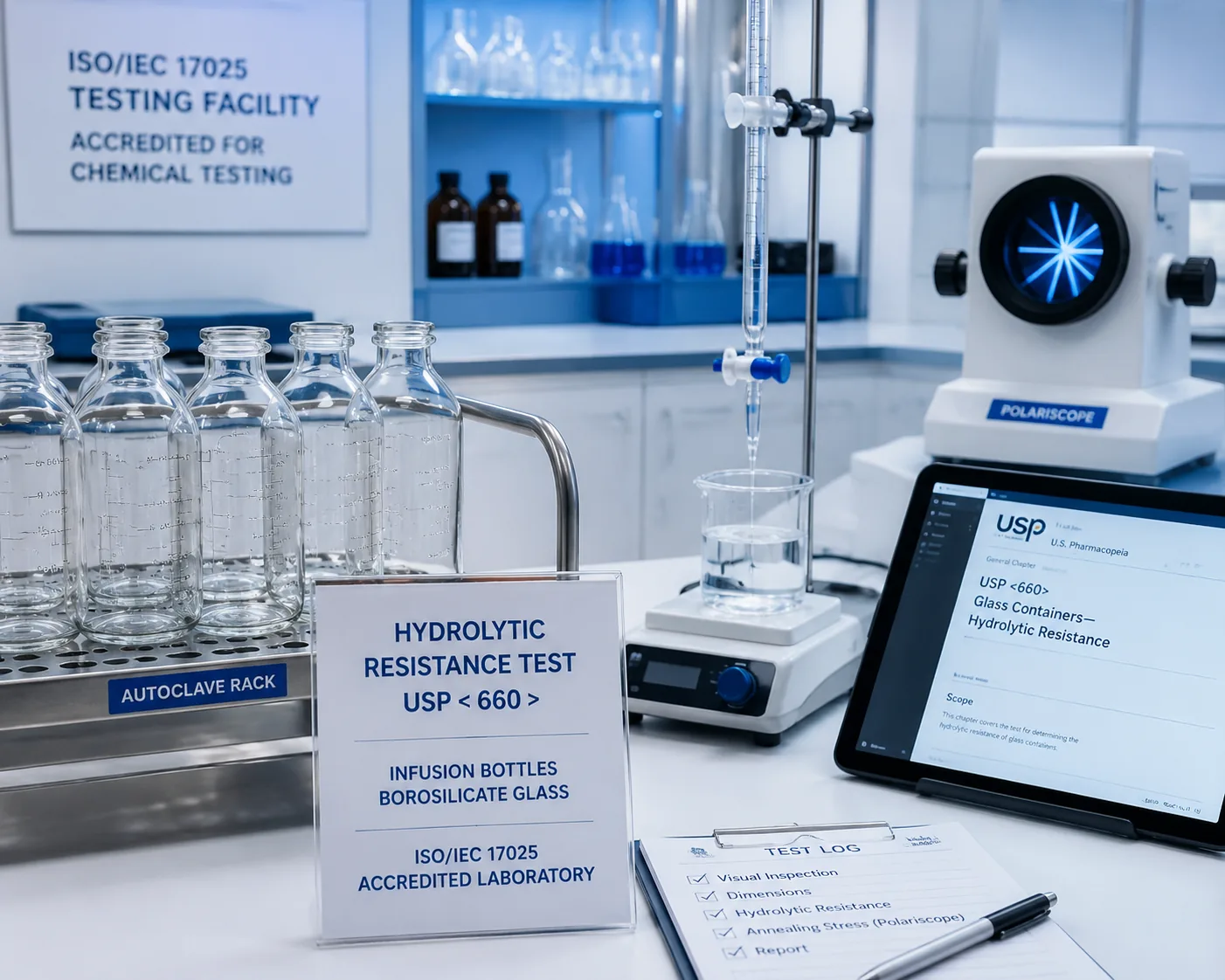 Infusion bottle testing — 121C hydrolytic resistance test of borosilicate glass infusion bottle per USP <660> and YBB, at Beijing ZKGX Research.