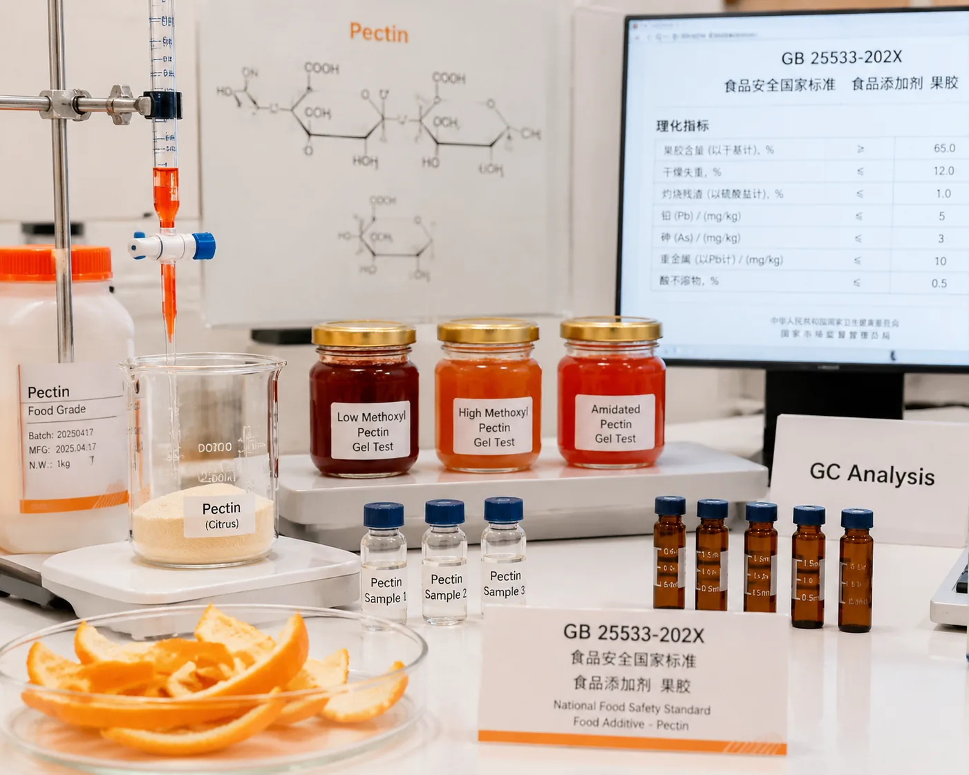 Pectin testing — galacturonic acid titration and gel-strength test of food-additive pectin per GB 25533 and FAO JECFA, at Beijing ZKGX Research.