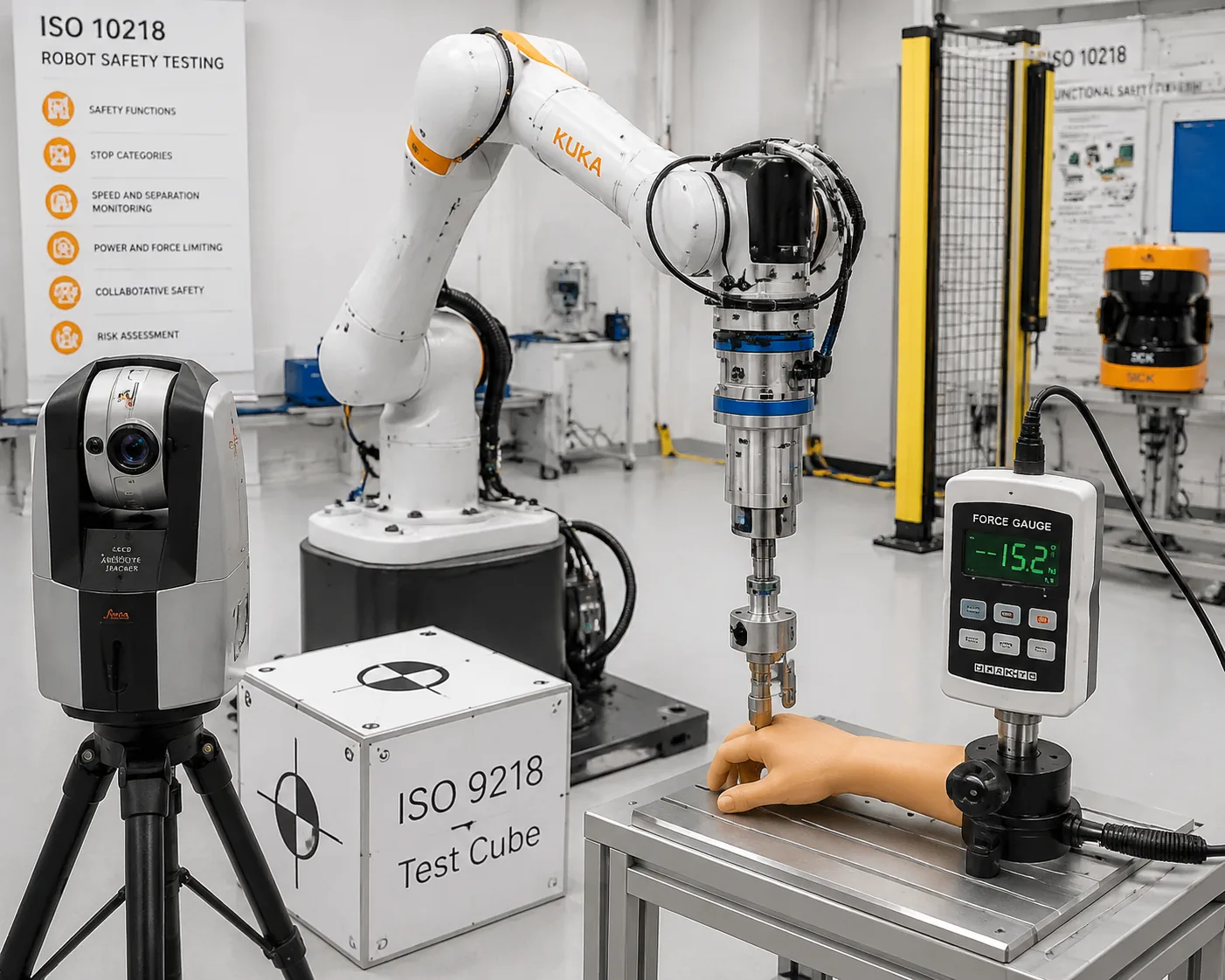 Industrial robot testing — 6-axis arm with force sensor and laser tracker for ISO 10218 and ISO 9283 validation, at Beijing ZKGX Research.