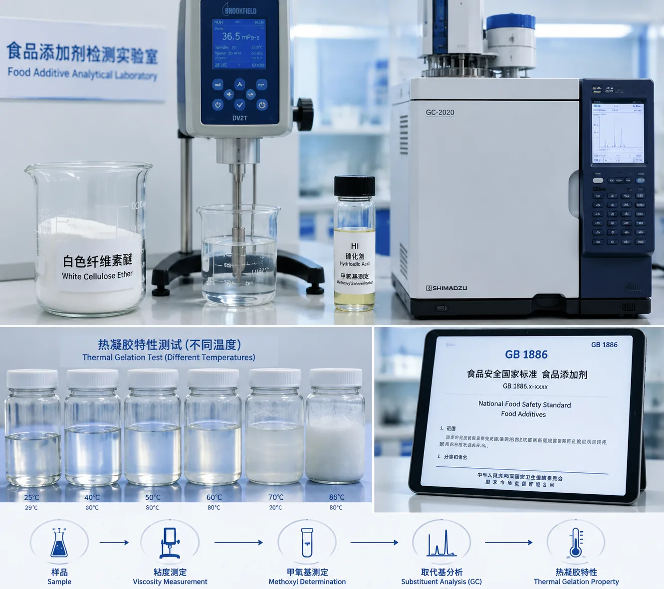 Cellulose ether testing — Brookfield viscometer and Zeisel HI-GC methoxyl determination of MC, HPMC, CMC per GB 1886 and USP, at Beijing ZKGX Research.
