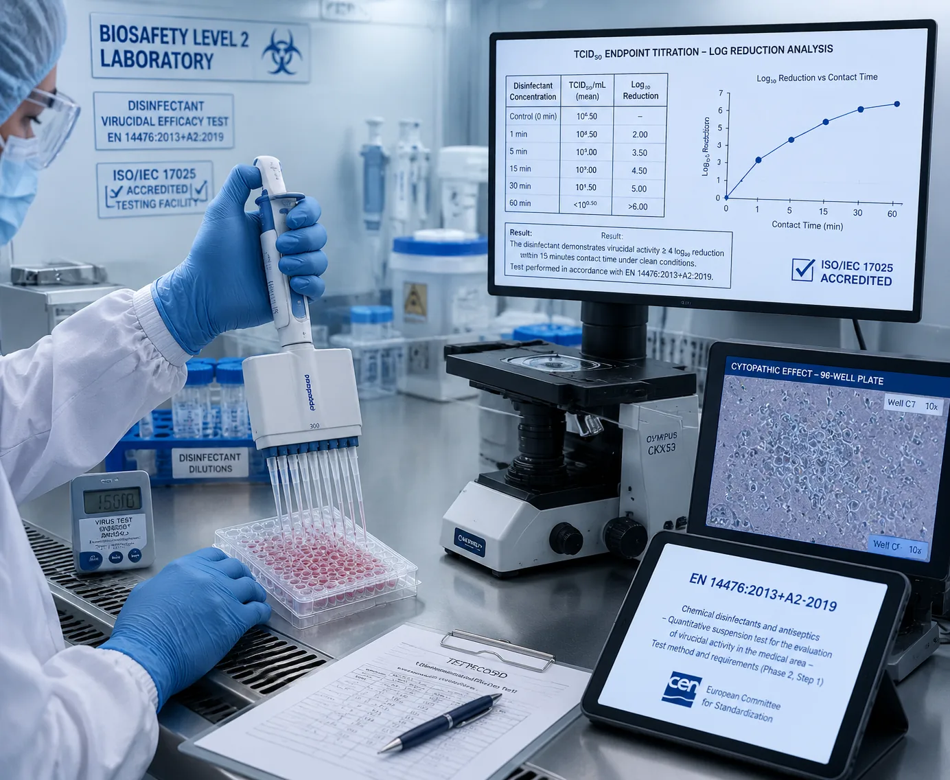 Disinfectant virucidal testing — TCID50 endpoint titration of virus panel per EN 14476 and GB 27953, at Beijing ZKGX Research.