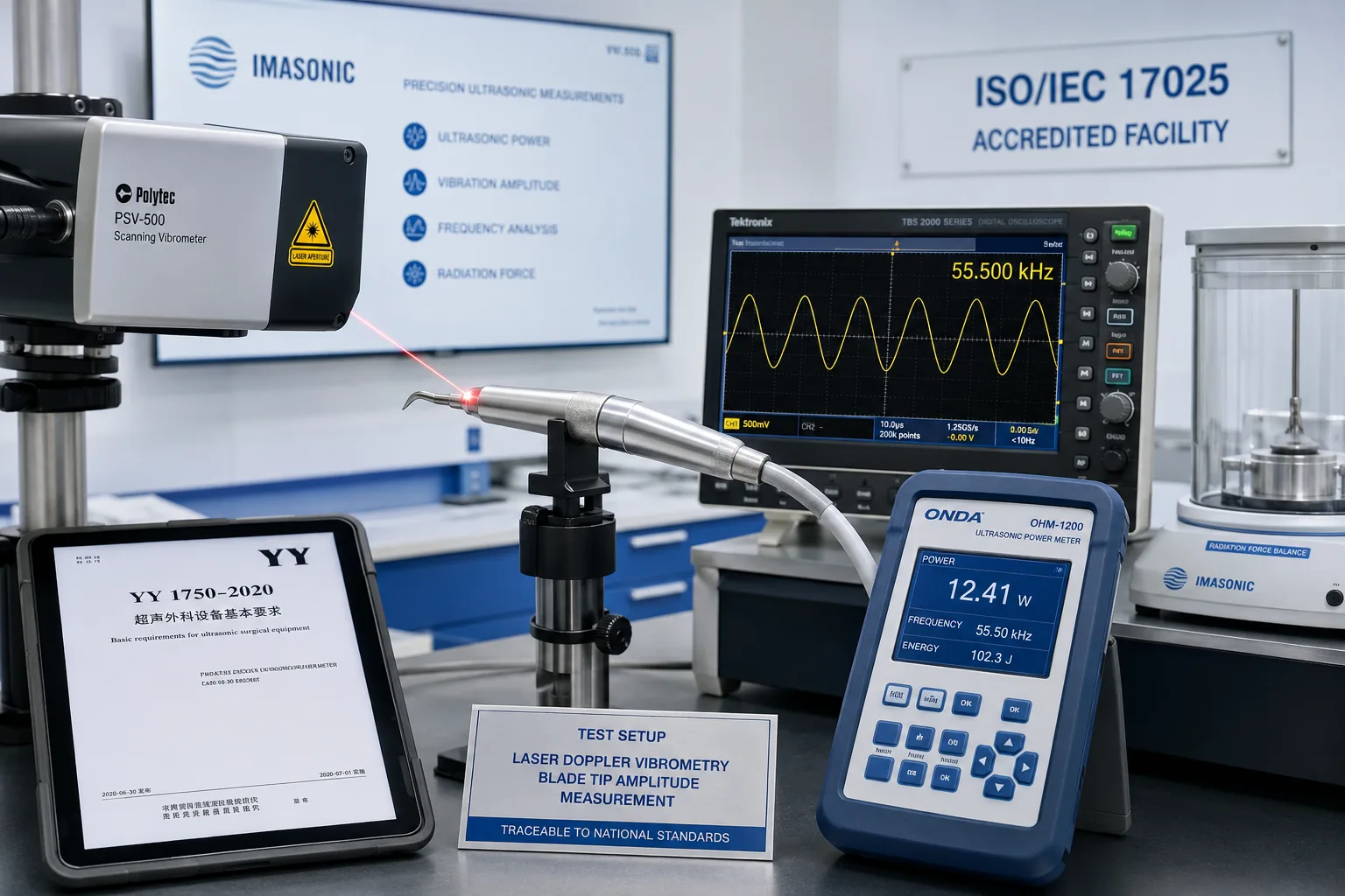 Ultrasonic scalpel testing — laser Doppler vibrometry of blade tip amplitude at 55.5 kHz per YY 1750 and YY/T 0644, at Beijing ZKGX Research.
