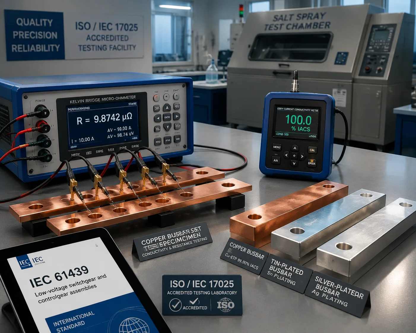 Copper busbar testing — four-wire Kelvin conductivity measurement and salt spray on tin-plated busbar per GB/T 5585 and IEC 61439, at Beijing ZKGX Research.