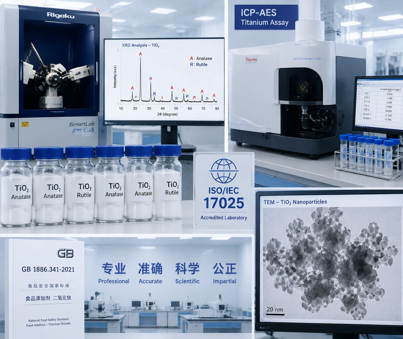 Titanium dioxide testing — XRD anatase/rutile identification and ICP-AES assay of TiO2 pigment per GB 1886.341 and JECFA, at Beijing ZKGX Research.