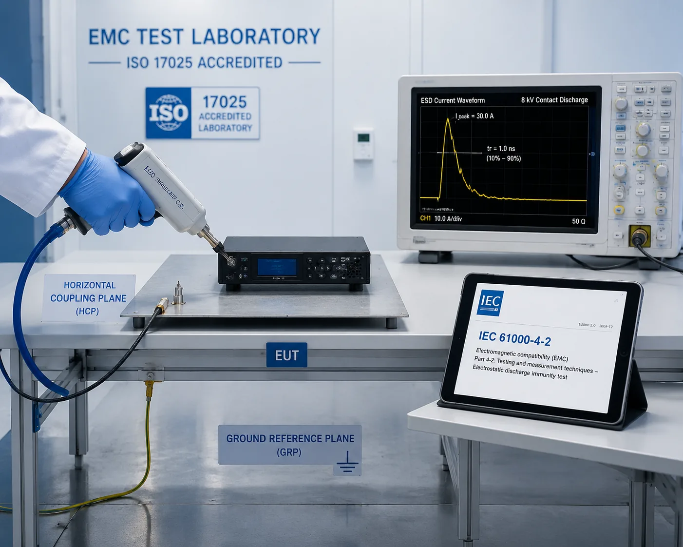 IEC 61000-4-2 ESD immunity test — contact discharge with ESD simulator on HCP, 8 kV current waveform verification, at Beijing ZKGX Research.