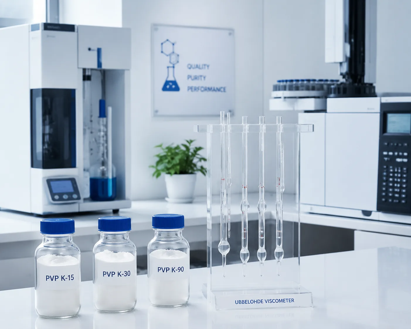 Povidone testing — Ubbelohde capillary viscometer for K-value and Kjeldahl nitrogen assay of PVP excipient per USP monograph, at Beijing ZKGX Research.
