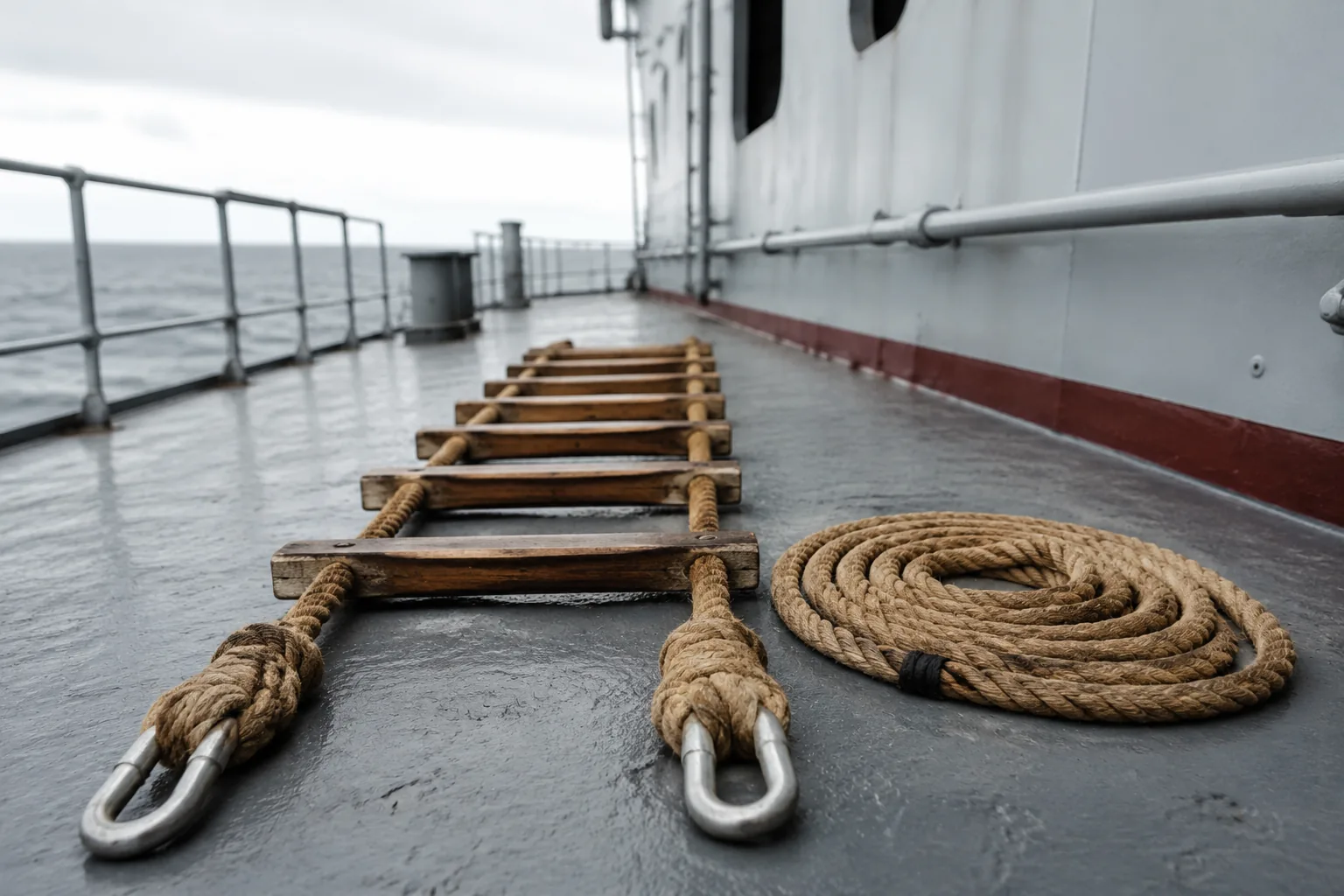 Marine rope ladder testing — pilot ladder laid out on a ship deck for inspection, hardwood steps and manila side ropes