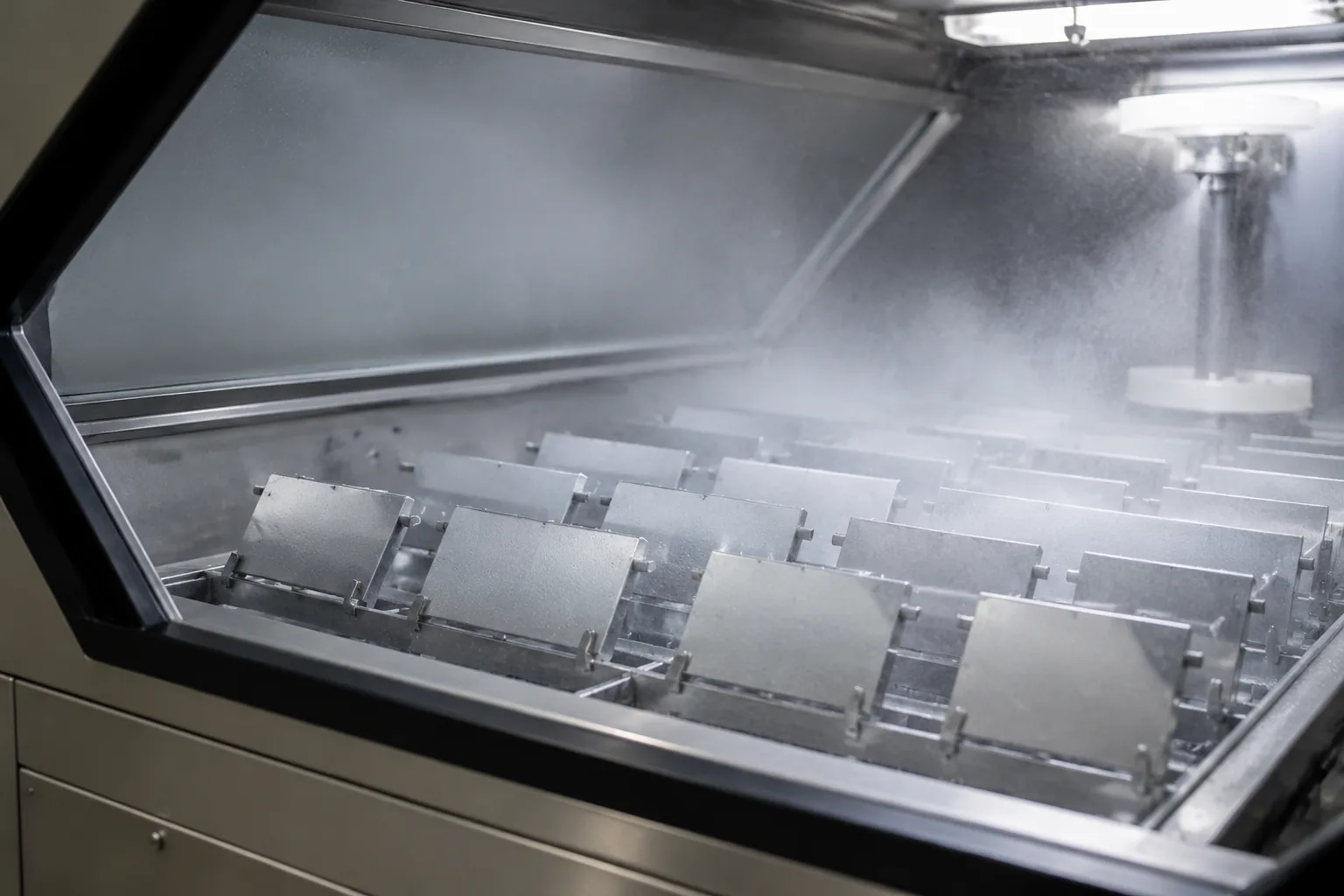 Salt spray test chamber interior with metal test panels on angled racks in salt fog, corrosion testing laboratory