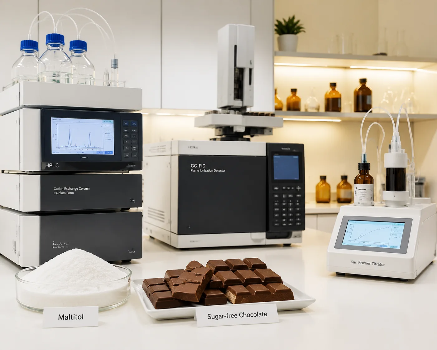 Maltitol testing — HPLC refractive index assay and GC-FID DEG-EG analysis of maltitol crystalline and solution per USP and FAO JECFA, at Beijing ZKGX Research.
