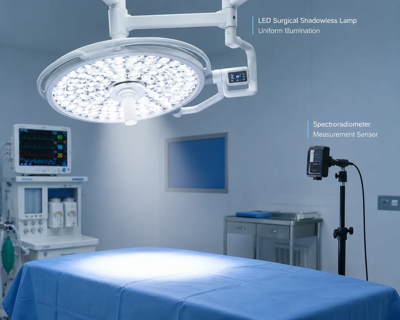 Surgical shadowless lamp testing — LED dome head on articulated arm with spectroradiometer measuring illuminance and shadow dilution per YY 9706.241, at Beijing ZKGX Research.