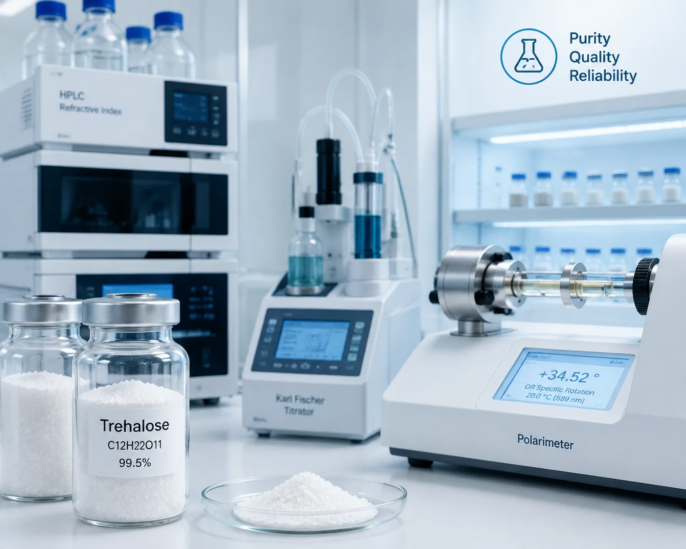 Trehalose testing — HPLC refractive index assay and Karl Fischer water content of trehalose dihydrate per USP monograph, at Beijing ZKGX Research.